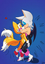 Rule 34 | 1boy, 1girl, absurdres, animal ears, bat (animal), blush, fox, fox boy, fox tail, furry, gloves, hetero, highres, kiss, lecerf, multiple tails, rouge the bat, shoes, simple background, sonic (series), tail, tails (sonic)