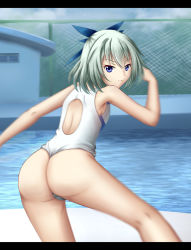 Rule 34 | 10s, 1girl, absurdres, artist request, ass, back, bare shoulders, blue eyes, cameltoe, competition swimsuit, from behind, hair ribbon, highres, hip attack, keijo!!!!!!!!, looking at viewer, metalixix, miyata sayaka, one-piece swimsuit, ribbon, short hair, silver hair, smile, solo, swimsuit, wedgie, white one-piece swimsuit