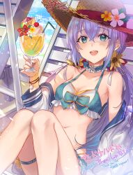 Rule 34 | 1girl, :d, aqua bikini, aqua choker, beach, bikini, blue hair, bracelet, breasts, cleavage, cocktail glass, collarbone, commission, cup, day, drinking glass, flower, green eyes, hair between eyes, hair flower, hair ornament, hair ribbon, hat, hat flower, hat ribbon, highres, jewelry, long hair, low twintails, mahou tsukai to kuroneko no wiz, navel, ocean, open mouth, outdoors, red ribbon, ribbon, shanabi0610, signature, skeb commission, small breasts, smile, snowflake choker, solo, sparkle, straw hat, summer, sun hat, swimsuit, thigh strap, twintails, very long hair, watermark, white flower, white ribbon, yellow flower, yellow hat