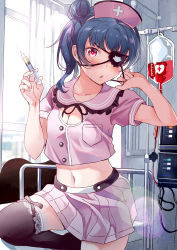 Rule 34 | 1girl, :o, arms up, bed, black bow, black thighhighs, blood, blood bag, blue hair, blush, bow, breasts, cleavage, cleavage cutout, clothing cutout, collarbone, curtains, dark blue hair, eyepatch, hair bun, hat, indoors, infirmary, lace, lace-trimmed legwear, lace trim, lavender skirt, leg up, looking at viewer, love live!, love live! sunshine!!, nurse, nurse cap, open mouth, pleated skirt, red eyes, short sleeves, side bun, side ponytail, single side bun, skirt, small breasts, solo, syringe, thighhighs, tipii, tsushima yoshiko, window