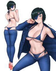 Rule 34 | 1girl, absurdres, artist name, ass, bikini, bikini jeans, black hair, blue bikini, blue jacket, blue pants, breasts, chainsaw man, cleavage, denim, denim bikini, denim eyepatch, denim jacket, dismaiden, green eyes, high heels, highres, himeno (chainsaw man), jacket, jeans, large breasts, looking at viewer, looking back, lowleg, lowleg pants, meme attire, navel, pants, pants partially removed, short hair, simple background, smile, solo, swimsuit, whale tail (clothing), white background