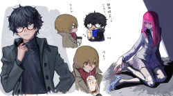 Rule 34 | 1girl, 2boys, akechi gorou, amamiya ren, black eyes, black hair, black jacket, black pantyhose, blood, blood on feet, blue scarf, brown eyes, brown hair, coat, cup, disposable cup, drinking straw, glass slipper, glasses, highres, jacket, long hair, long sleeves, multiple boys, multiple views, opaque glasses, pantyhose, persona, persona 5, persona 5 the royal, plaid, plaid skirt, red eyes, red hair, red scarf, runny nose, scarf, school uniform, shuujin academy school uniform, simple background, sitting, skirt, snot, sweater, torn clothes, torn pantyhose, translation request, wl8tca, yoshizawa sumire
