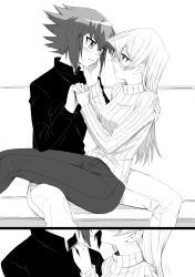 Rule 34 | 1boy, 1girl, closed mouth, couple, eye contact, greyscale, hand on another&#039;s cheek, hand on another&#039;s face, hetero, highres, holding hands, interlocked fingers, kiss, long hair, long sleeves, looking at another, monochrome, multicolored hair, pants, ribbed sweater, rourou ill, shirt, sitting, sitting on lap, sitting on person, split screen, straight hair, sweatdrop, sweater, tenjouin asuka, two-tone hair, yu-gi-oh!, yu-gi-oh! gx, yuki judai