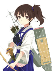 Rule 34 | 1girl, arrow (projectile), blouse, bow (weapon), breasts, brown eyes, brown gloves, brown hair, flight deck, gloves, hair between eyes, hakama, hakama short skirt, hakama skirt, holding, holding weapon, japanese clothes, kaga (kancolle), kantai collection, large breasts, looking at viewer, muneate, partially fingerless gloves, partly fingerless gloves, quiver, shirt, side ponytail, simple background, single glove, skirt, solo, weapon, white background, white shirt, yoshiiaki, yoshiita, yugake, yumi (bow)