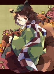 Rule 34 | 1girl, :3, animal ears, brown eyes, brown hair, checkered clothes, checkered scarf, commentary, floral background, full body, futatsuiwa mamizou, glasses, green kimono, hakama, highres, japanese clothes, kimono, leaf, leaf on head, long sleeves, looking at viewer, medium hair, nikorashi-ka, no headwear, official alternate costume, one-hour drawing challenge, raccoon ears, raccoon tail, red hakama, red scarf, scarf, semi-rimless eyewear, sitting, solo, tail, tanuki, touhou, two-tone scarf, white scarf, wide sleeves