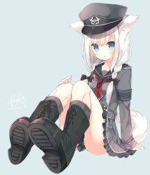 Rule 34 | 1girl, :o, animal ears, armband, black footwear, black sailor collar, blue background, blue eyes, blush, boots, bow, braid, brown bow, brown socks, clothes between thighs, commentary request, cross-laced footwear, dated, dog ears, dog girl, dog tail, grey hat, grey shirt, grey skirt, hair between eyes, hair bow, hat, highres, hoshi (snacherubi), knee boots, kneehighs, lace-up boots, long hair, long sleeves, looking at viewer, low twintails, military, military hat, military uniform, original, parted lips, peaked cap, pleated skirt, red neckwear, sailor collar, shirt, shoe soles, sidelocks, signature, sitting, skirt, sleeves past wrists, socks, solo, tail, twin braids, twintails, uniform, very long hair