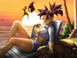 Rule 34 | 1girl, 2boys, abs, alternate costume, bald, black eyes, black hair, breasts, cabba, can, chair, closed eyes, colored skin, dragon ball, dragon ball super, drink can, drinking straw, earrings, elite nappa, fighting, flying, headpat, highres, hit (dragon ball), jewelry, kame house, kefla (dragon ball), large breasts, multiple boys, muscular, muscular female, ocean, orange sky, palm tree, potara earrings, purple skin, red shirt, shell, shirt, shorts, sitting, sky, smile, soda can, sun, sunset, super saiyan, swimsuit, t-shirt, transformation, tree, turtle, turtle (dragon ball)