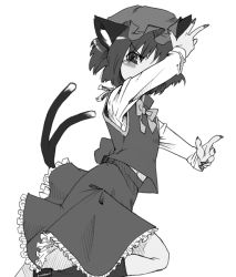 Rule 34 | 1girl, animal ears, blush, cat ears, cat girl, cat tail, chen, female focus, fighting stance, fingernails, gengorou, greyscale, hat, long skirt, monochrome, multiple tails, nail, nail polish, short hair, simple background, skirt, solo, tail, touhou