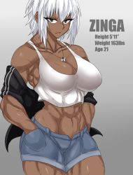 Rule 34 | 1girl, abs, bare shoulders, blue eyes, breasts, character name, dark-skinned female, dark skin, english text, female focus, hands in pockets, highres, large breasts, looking at viewer, muscular, muscular arms, muscular female, muscular legs, original, scar, smile, solo, white hair, zinga (zokusuke), zokusuke