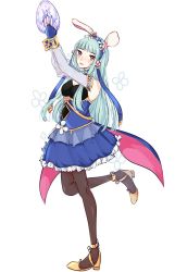 Rule 34 | 1girl, animal ears, bare shoulders, blue hair, blush, rabbit ears, rabbit tail, cape, detached collar, dress, fake animal ears, fire emblem, fire emblem: the blazing blade, fire emblem heroes, hair ornament, leotard, long hair, looking at viewer, nana (mizukas), ninian, nintendo, pantyhose, playboy bunny, red eyes, simple background, smile, solo, tail, white background