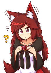 Rule 34 | 1girl, ?, animal ear fluff, animal ears, brooch, brown hair, collarbone, ears up, hands on own chest, imaizumi kagerou, jewelry, long hair, long sleeves, shirt, solo, tail, touhou, upper body, very long hair, wavy hair, wide sleeves, wolf ears, wolf tail, wool (miwol)