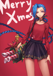 Rule 34 | 1girl, :p, bell, black neckwear, black skirt, blouse, blue hair, braid, candy, candy cane, choker, christmas, collarbone, english text, fingernails, food, gold trim, hair slicked back, high-waist skirt, highres, holly, jinx (league of legends), league of legends, long hair, long sleeves, looking at viewer, merry christmas, mistletoe, nail polish, neck bell, neck tattoo, no bangs, oopartz yang, pink nails, print skirt, purple eyes, red background, red shirt, shirt, simple background, skirt, skull print, solo, standing, tattoo, thighs, tongue, tongue out, twin braids, very long hair