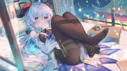 1girl ahoge bare_shoulders bed bed_sheet bell black_gloves black_pantyhose blue_hair blush bodystocking breasts brown_pantyhose chen_bin detached_sleeves dress elbow_gloves feet ganyu_(genshin_impact) genshin_impact gloves gold_trim highres horns jewelry lantern large_breasts legs long_hair looking_at_viewer lying night on_back pantyhose pillow purple_eyes revision smile solo thighlet white_dress white_sleeves