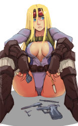 Rule 34 | 1girl, alternate costume, alternate hairstyle, bad deviantart id, bad id, bankage, belt, blonde hair, blue eyes, blue leotard, boots, breasts, brush, cammy white, cleavage, fingerless gloves, gloves, goggles, goggles on head, gun, hair between eyes, hair down, handgun, harness, knee boots, large breasts, leotard, lips, long hair, no bra, nose, pistol, sitting, solo, street fighter, street fighter v, unfinished, unzipped, utility belt, weapon