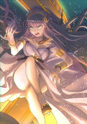 Rule 34 | 1girl, ankle strap, ass, blue eyes, bracelet, breasts, cleopatra (fate), cleopatra (third ascension) (fate), collar, crossed legs, dress, earrings, eyeliner, fate/grand order, fate (series), glaring, glowing, green nails, hairband, heart, highres, jewelry, long hair, makeup, medium breasts, nail polish, necklace, ono tako, open mouth, purple hair, ring, sitting, slit pupils, solo, teeth, very long hair, white dress