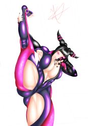 Rule 34 | abs, absurdres, afro, armpits, arms up, black hair, breasts, colored skin, crazy, crazy eyes, feet, female focus, fingernails, food, hairy, han juri, highres, kneepits, legs, legs up, muscular, pink eyes, street fighter, stretching, striped, vertical stripes, white skin