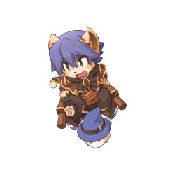 Rule 34 | 1boy, animal ears, barefoot, blue hat, brown capelet, brown pants, brown shirt, capelet, cat boy, cat ears, cat tail, chibi, fang, full body, furry, furry male, green eyes, hair between eyes, hat, long bangs, mouse (animal), official art, open mouth, pants, purple hair, ragnarok online, riding, shirt, short hair, simple background, solo, summoner (ragnarok online), tail, tail armor, tarou (ragnarok online), transparent background, vambraces, witch hat, yuichirou