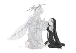 Rule 34 | 2girls, absurdres, angel, angel wings, barefoot, black dress, commentary, covered eyes, cross, cross necklace, dress, full body, grey hair, habit, halo, hand on another&#039;s head, highres, holding hands, jewelry, kneeling, long hair, looking at another, multiple girls, necklace, nun, original, simple background, single wing, sitting, symbol-only commentary, traditional nun, very long hair, wariza, white background, white dress, white hair, wings, yuge kemuri