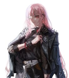 Rule 34 | 1girl, belt, black jacket, bracelet, buckle, closed mouth, commentary, ear piercing, english commentary, highres, hololive, hololive english, jacket, jewelry, leather, leather jacket, long hair, mori calliope, open clothes, open jacket, piercing, pink hair, quasarcake, red eyes, ring, shoulder spikes, simple background, solo, spiked bracelet, spiked jacket, spikes, studded belt, studded bracelet, virtual youtuber, white background