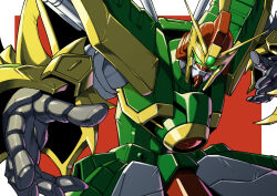 Rule 34 | border, commentary request, dragon gundam, fighting stance, g gundam, glowing, glowing eyes, green eyes, gundam, highres, looking at viewer, mecha, mecha focus, no humans, open hands, outside border, red background, robot, science fiction, shouji nigou, solo, super robot, upper body, v-fin, white border