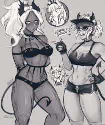 Rule 34 | !, 4girls, abs, armband, artist name, bare shoulders, blunt bangs, blush, breasts, cleavage, collarbone, demon girl, demon horns, demon tail, english text, female focus, fingerless gloves, flying sweatdrops, gloves, grey background, greyscale, hand on own hip, heart, heart-shaped pupils, helltaker, horns, iahfy, judgement (helltaker), justice (helltaker), looking at another, lucifer (helltaker), medium breasts, midriff, modeus (helltaker), mole, mole under eye, monochrome, multiple girls, muscular, muscular female, navel, open mouth, patreon username, pointing, simple background, sleeveless, standing, sunglasses, sweatdrop, swimsuit, symbol-shaped pupils, tail, teeth, tongue, twitter username, watermark, white hair