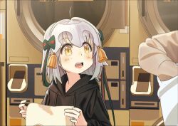 1girl :d ahoge bad_id bad_twitter_id bell black_hoodie blonde_hair fate/grand_order fate_(series) green_ribbon hair_ribbon headpiece holding hood hood_down hoodie inactive_account jeanne_d&#039;arc_alter_santa_lily_(fate) kerorira long_sleeves looking_at_another open_mouth ribbon smile upper_body yellow_eyes