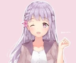 Rule 34 | 1girl, adore (adoredesu), bad id, bad pixiv id, collarbone, flower, hair flower, hair ornament, highres, long hair, looking at viewer, one eye closed, open mouth, original, pink background, pink eyes, pink flower, purple hair, simple background, solo, twitter username, upper body
