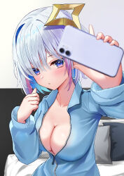 Rule 34 | 1girl, absurdres, alternate breast size, amane kanata, blush, breasts, cleavage, collarbone, colored inner hair, grey hair, halo, highres, holding, holding phone, hololive, indoors, large breasts, long sleeves, looking at viewer, multicolored hair, no bra, on bed, oniku (o29sukizero), open clothes, phone, purple eyes, selfie, sitting, solo, star halo, streaked hair, unzipped, virtual youtuber