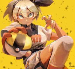 Rule 34 | 1girl, bea (pokemon), black hairband, blonde hair, blush, bow hairband, closed mouth, collared shirt, commentary request, creatures (company), dark-skinned female, dark skin, eyelashes, game freak, gloves, grey eyes, gym leader, hair between eyes, hairband, holding, holding poke ball, huck 8989, knee pads, looking at viewer, nintendo, partially fingerless gloves, poke ball, pokemon, pokemon swsh, print shirt, print shorts, shirt, short hair, short sleeves, shorts, side slit, side slit shorts, signature, single glove, solo, ultra ball, yellow background