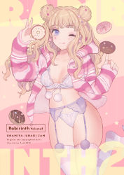 Rule 34 | 1girl, ;q, blonde hair, blush, bra, breasts, cleavage, closed mouth, collarbone, commentary request, cover, cover page, double bun, doughnut, earrings, facial mark, fingernails, food, garter belt, hair bun, heart, holding, holding food, hood, hood down, hooded jacket, jacket, jewelry, lingerie, long hair, long sleeves, looking at viewer, medium breasts, miyako (xxxbibit), mole, mole on breast, nail polish, navel, no shoes, one eye closed, open clothes, open jacket, original, panties, pink nails, pom pom (clothes), purple bra, purple eyes, purple panties, side bun, sleeves past wrists, smile, solo, star (symbol), star earrings, striped clothes, striped jacket, striped thighhighs, thighhighs, tongue, tongue out, underwear, very long hair