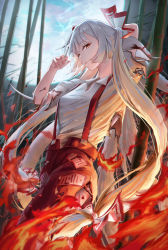 Rule 34 | 1girl, absurdres, arm up, bamboo, bamboo forest, bow, breasts, buttons, cigarette, collared shirt, commentary request, fingernails, fire, forest, fujiwara no mokou, gradient sky, grey bow, grey hair, grey shirt, grey sky, hair between eyes, hair bow, hands up, highres, leaf, long fingernails, long hair, looking at viewer, medium breasts, moon, moonlight, multicolored bow, nature, night, night sky, ofuda, ofuda on clothes, open mouth, outdoors, pants, red bow, red eyes, red pants, shirt, short sleeves, sky, smoke, smoking, solo, standing, suspenders, tiokun7, tobacco, touhou