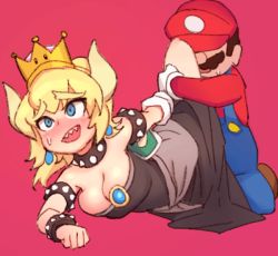 Rule 34 | 1boy, 1girl, animated, animated gif, berg-yb, black dress, blonde hair, blue eyes, blush, borrowed design, bouncing breasts, bowsette, breasts, cleavage, clothed sex, collar, crown, dress, forked eyebrows, happy sex, hetero, horns, large breasts, leg up, mario, mario (series), new super mario bros. u deluxe, nintendo, ponytail, sex, sharp teeth, smile, spiked collar, spikes, super crown, super mario bros. 1, sweatdrop, teeth