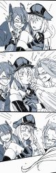 Rule 34 | !, &gt; &lt;, 10s, 3girls, ^^^, arm around shoulder, bare shoulders, bismarck (kancolle), bottle, checkered clothes, checkered necktie, checkered neckwear, collared shirt, comic, drunk, elbow gloves, eyepatch, closed eyes, gloves, greyscale, grin, hair between eyes, hat, highres, holding, holding bottle, jun&#039;you (kancolle), kantai collection, long hair, military, military hat, military uniform, monochrome, multiple girls, necktie, open mouth, partially fingerless gloves, peaked cap, round teeth, shirt, short hair, sleeveless, sleeves rolled up, smile, spiked hair, straight hair, teeth, tenryuu (kancolle), uniform, weidashming