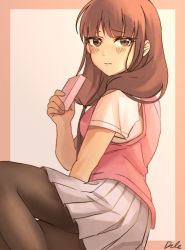 Rule 34 | 1girl, absurdres, artist name, blush, brown eyes, brown hair, dule (anhaidule), feet out of frame, highres, iino miko, kaguya-sama wa kokurasetai ~tensai-tachi no renai zunousen~, long hair, looking at viewer, pantyhose, short sleeves, simple background, skirt, solo, white background, white skirt