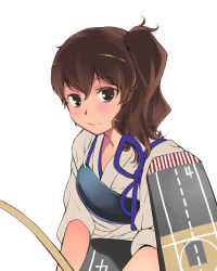 10s 1girl blush brown_eyes brown_hair female_focus japanese_clothes kaga_(kancolle) kantai_collection looking_at_viewer muneate personification ponytail side_ponytail smile solo white_background yuu_(kfc)