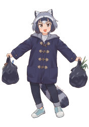Rule 34 | 1girl, :d, absurdres, alternate costume, animal ear fluff, animal ears, animal print, bag, blue footwear, blush, brown eyes, coat, common raccoon (kemono friends), cross-laced footwear, duffel coat, fang, food, full body, grey hair, highres, holding, kemono friends, long sleeves, looking at viewer, multicolored hair, nakta, open mouth, outstretched arms, pants, pants rolled up, plastic bag, pocket, raccoon ears, raccoon tail, sanpaku, shoes, short hair, simple background, skin fang, smile, sneakers, solo, standing, striped tail, tail, twitter username, v-shaped eyebrows, white background