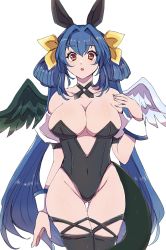 Rule 34 | 1girl, :o, angel wings, animal ears, asymmetrical wings, bare shoulders, black leotard, black thighhighs, blue hair, breasts, chemaru (a8l), choker, clothing cutout, collarbone, covered navel, dizzy (guilty gear), fake animal ears, gluteal fold, groin, guilty gear, hair between eyes, hair ribbon, hair rings, highres, large breasts, leotard, long hair, looking at viewer, mature female, mini wings, monster girl, open mouth, playboy bunny, rabbit ears, red eyes, ribbon, sidelocks, simple background, solo, tail, thigh gap, thighhighs, thighs, twintails, white background, wings, wrist cuffs, yellow ribbon