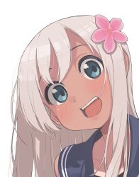 Rule 34 | 1girl, :d, blue eyes, blush, close-up, flower, hair between eyes, hair flower, hair ornament, highres, kantai collection, long hair, looking at viewer, open mouth, ro-500 (kancolle), sailor collar, simple background, smile, solo, swimsuit, teeth, tongue, tongue out, wataro (watawatawatapon), white background, white hair