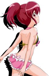Rule 34 | 10s, 1girl, adapted costume, aino megumi, ass, back, bikini, bikini skirt, bikini top only, blush, from behind, happinesscharge precure!, long hair, looking at viewer, looking back, matching hair/eyes, nita (onakatohoppe), pink eyes, pink hair, ponytail, precure, simple background, smile, solo, swimsuit