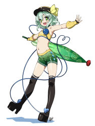 Rule 34 | 1girl, alternate costume, armpits, boots, eyeball, fingerless gloves, full body, gloves, green eyes, green hair, hat, heart, heart of string, high heels, hyouju issei, komeiji koishi, looking at viewer, matching hair/eyes, midriff, navel, open mouth, outstretched arms, platform footwear, race queen, shorts, simple background, smile, solo, spread arms, standing, thigh boots, thighhighs, third eye, touhou, white background