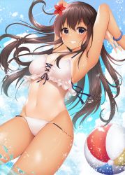 Rule 34 | 1girl, armpits, arms up, ball, beachball, bikini, bikini under clothes, blush, bracelet, breasts, brown eyes, brown hair, cleavage, clothing cutout, cloud, commentary request, cross-laced bikini, cross-laced clothes, flower, frilled bikini, frills, from below, groin, hair between eyes, hair flower, hair ornament, hairclip, halterneck, highres, jewelry, large breasts, lens flare, long hair, looking at viewer, midriff, minato ojitan, navel, original, outdoors, partially submerged, side cutout, smile, solo, swimsuit, tan, tanline, tareme, teeth, water, water drop, wet, wet hair