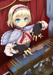 Rule 34 | 1girl, alice margatroid, blonde hair, blue eyes, bow, capelet, colored eyelashes, curtains, doll, dress, eyelashes, female focus, fingerless gloves, gloves, hair bow, hairband, open mouth, puppet, puppet strings, puppeteer, ribbon, short hair, smile, solo, string, touhou, uruu gekka