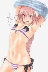 Rule 34 | 1boy, armpits, arms up, astolfo (fate), bikini, blush, bow, braid, bulge, clothes lift, commentary request, fang, fate/apocrypha, fate (series), gachou, hair ribbon, heart, long hair, looking at viewer, male focus, micro bikini, navel, open mouth, pink eyes, pink hair, ribbon, shirt lift, simple background, single braid, smile, solo, striped bikini, striped clothes, sweat, swimsuit, teeth, text focus, trap, undressing