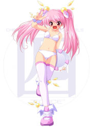 Rule 34 | 1girl, blush, boots, bow, bow bra, bra, breasts, collarbone, embarrassed, fei-yen, female focus, game cg, hair ornament, holding, lingerie, long hair, looking down, mecha musume, navel, open mouth, panties, pink footwear, pink hair, pink thighhighs, red eyes, small breasts, solo, standing, thighhighs, tray, twintails, underwear, underwear only, virtual on, white background, white bra, white panties, wrist cuffs, zbd60724