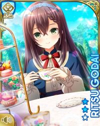 Rule 34 | 1girl, black hair, blue dress, bow, card (medium), character name, closed mouth, cup, day, dress, flower, garden, girlfriend (kari), godai ritsu, green eyes, hairband, holding, long hair, official art, qp:flapper, red bow, rose, sitting, smile, table, tagme, teacup, very long hair