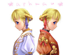 Rule 34 | 00s, 2girls, aphmau, back-to-back, blonde hair, blue eyes, closed mouth, earrings, eyebrows, final fantasy, final fantasy xi, from side, hair ornament, hair ribbon, hume, jewelry, long hair, looking at viewer, multiple girls, multiple views, parted lips, profile, puffy sleeves, purple ribbon, red ribbon, ribbon, simple background, smile, symmetrical pose, tori, tori (torinchi), upper body, white background