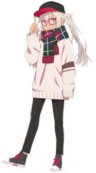 1girl akitetsu baseball_cap bespectacled dark-skinned_female dark_skin flat_chest full_body glasses grey_hair hat index_finger_raised long_hair looking_at_viewer matsukai_mao nijisanji pants purple_eyes scarf shoes sneakers solo sweater transparent_background twintails virtual_youtuber