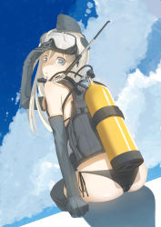 Rule 34 | 10s, 1girl, ass, blonde hair, blue eyes, diving mask, diving mask on head, garrison cap, gloves, goggles, goggles on head, gradient background, hat, highres, kantai collection, long hair, scuba gear, scuba tank, snorkel, swimsuit, throtem, u-511 (kancolle)
