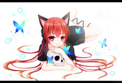 Rule 34 | 1girl, animal ears, bad id, bad pixiv id, barefoot, bow, bubble, bug, butterfly, cat ears, hair bow, highres, insect, kaenbyou rin, letterboxed, looking at viewer, red eyes, red hair, ribbon, ripples, skull, smile, solo, soraneko93, touhou, white background