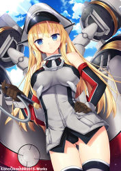 Rule 34 | 10s, 1girl, armor, bismarck (kancolle), black thighhighs, blonde hair, blue eyes, blush, breastplate, breasts, cloud, cloudy sky, cowboy shot, day, detached sleeves, female focus, gloves, hand on own hip, hat, highres, kaho okashii, kantai collection, large breasts, long hair, looking at viewer, mecha musume, military, military hat, military uniform, outdoors, panties, pantyshot, peaked cap, rigging, sky, solo, standing, sunlight, thighhighs, underwear, uniform